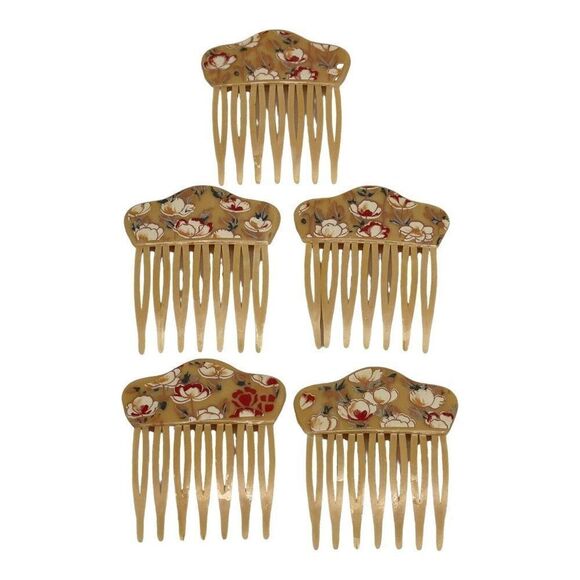 Vintage Beige 5 Hair Combs Signed Made in West Germany Flowers Floral Print main image 4